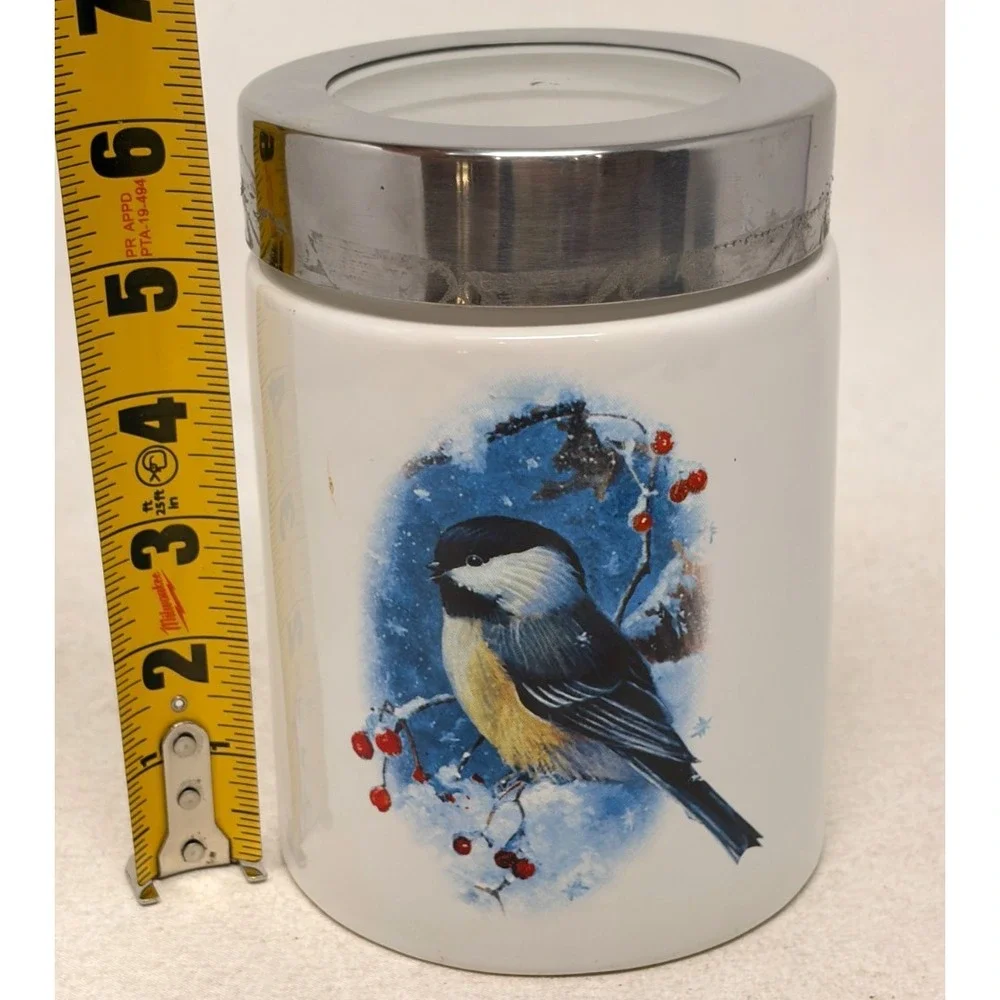 Ellien's Chickadee Bird Ceramic Handled Canister Mug Chrome Lid Winter Berries